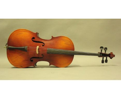 A 20th century three-quarter size cello, bearing interior label detailed 'Made in Czechoslovakia', length of back excluding b