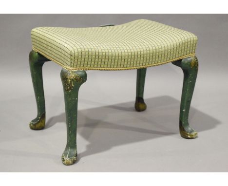 An early 20th century green painted chinoiserie stool, the curved seat upholstered in green and red damask, height 47cm, widt