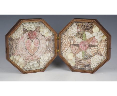 A late 19th/early 20th century mahogany double-cased octagonal sailor's shell valentine, the two glazed compartments enclosin