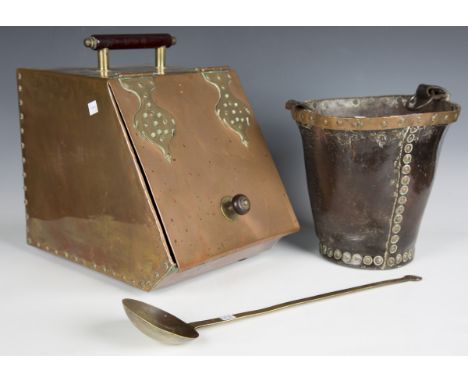 A 19th century leather and brass mounted fire bucket, height 25cm, a set of Salter's Trade spring balance scales, a copper co