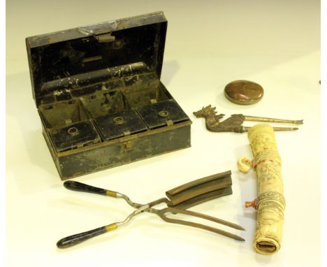 A mixed group of collectors' items, including a 19th century tole painted spice box, width 24.5cm, two steel and copper betel