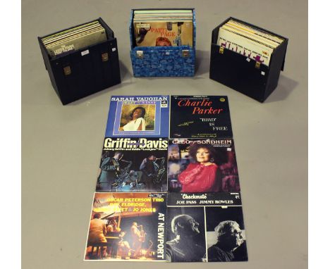 A collection of approximately eighty jazz and vocal LP records, including albums by Charlie Parker, Sarah Vaughan, Oscar Pete