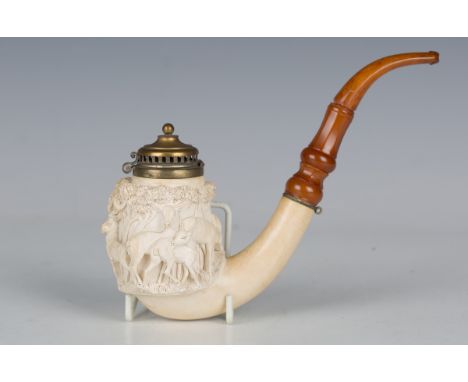 A 19th century meerschaum pipe, the substantial bowl finely carved with a band of deer and trees, bearing incised signature '