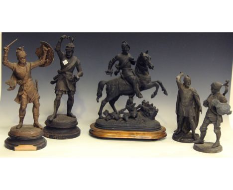 A collection of eleven 19th century cast spelter figures, including some pairs, including a soldier on horseback, height 41cm