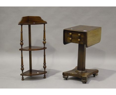 A Victorian mahogany drop-flap work table, height 71cm, width 74cm, depth 48cm, together with a three-tier corner shelf, heig