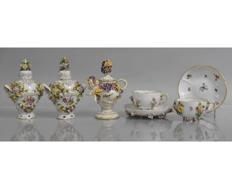 A Collection of Lidded Continental Porcelain to Comprise pair of Encrusted Pot Pourri Vases with handpainted Floral Design an
