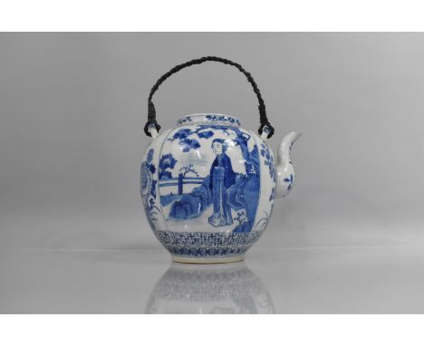 A Large 18th/19th Century Chinese Export Porcelain Teapot of Bellied Form decorated with Family Scenes in Exterior Location. 