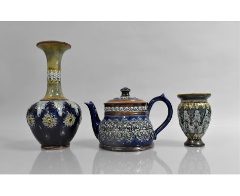 Three Pieces of Doulton Lambeth Ware to comprise Vase of Bottle Form and Flared Neck, Stamped HK to Base, Smaller Vase with M