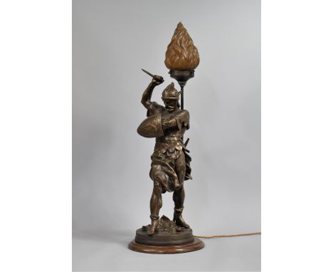 A Large Bronzed Spelter Figural Lamp in the Form of Crusader Signed 'Detrier', Complete with Glass Shade (Chip to Point) 78cm