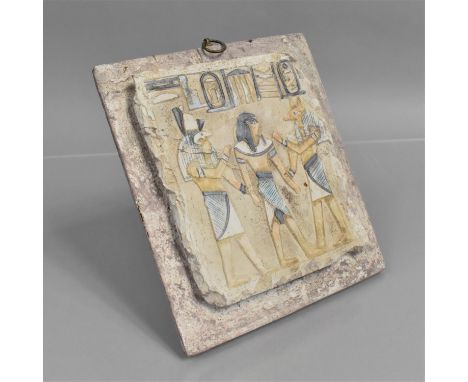 An Egyptian Plaster Fragment, Mounted on Wooden Panel with Remains of Polychrome Painted Decoration, 16cm x 19cm 