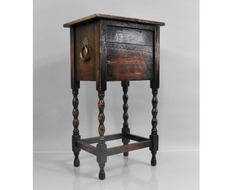 A Small Inlaid 20th Century Oak Sewing Box with Bobbin Supports, Hinged Lid, Removable Tray and Iron Carrying Handles, 32cms 