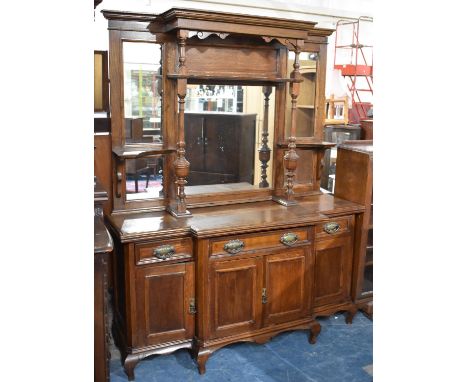 A Late Victorian Mirror Back Sideboard, Cupboard Base with Centre Long and Two Short Drawers, Raised back with Turned Support