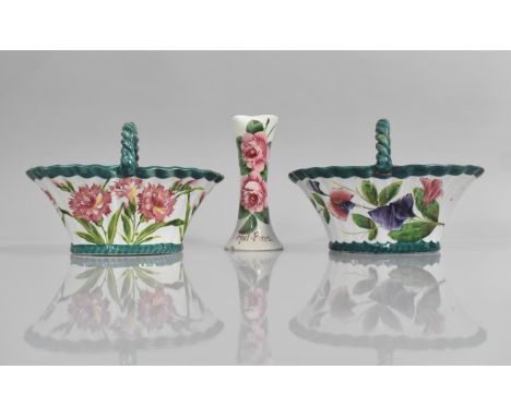 Three Pieces of Wemyss China to Comprise Two Basket of Oval Form with Pleated Sides and Rope Handle and a Hat Pin Vase, Condi