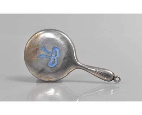 A Small and Pretty Silver Miniature Chatelain Mirror with Enamel Bow Decoration, 7cms Long