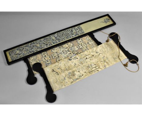 A Framed Chinese Embroidered Silk Panel with Gilt Wire Highlights, 81x9cms, together with Two Hanging Examples, (Condition Is