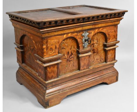 A 18th Century Spanish Colonial Inlaid Panelled Chest with Arched Architectural Detail to Front and Sides. Original Hand Forg