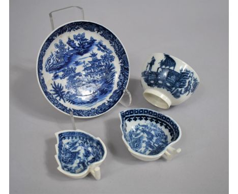 A Collection of 18th/19th Century English Blue and White to Comprise Caughley Butter Boats in the Form of Leaves decorated wi
