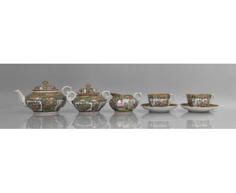 A 20th Century Chinese Famille Rose Tea Set to comprise Teapot, Lidded Two handled Sugar Pot, Cream Jug, Two Cups and Two Sug