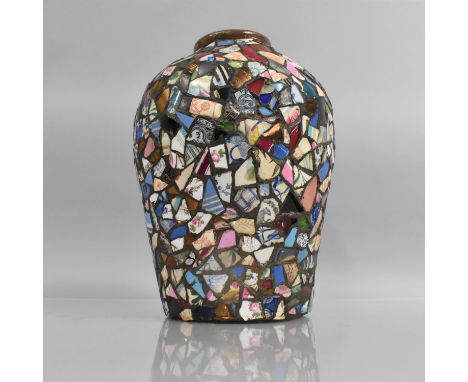 A Pique Assiette Pottery Urn with Applied Ceramic and Glass Shards, Condition Issues to Base, 29cms High 