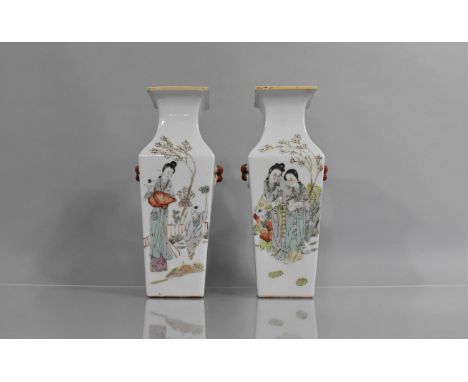 A Pair of Chinese Republic Period Vases of Square Baluster Form, Decorated in the Famille Rose Palette with Figures in Exteri