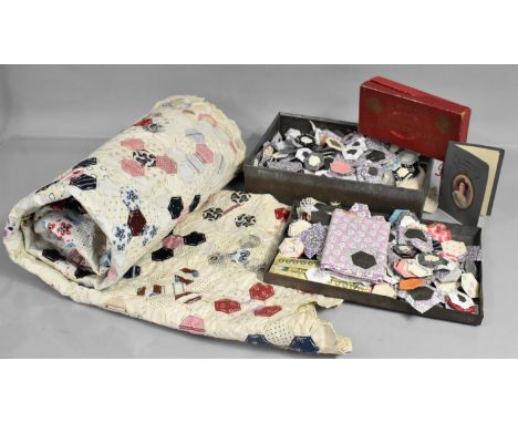 A Victorian Patchwork Panel together with a Tin Containing Patches, Panel Requires Re-Stitching 174cms by 66cms