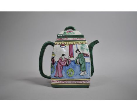 A Chinese Yixing Enamelled Teapot of Rectangular Form Decorated with Interior Court Scenes with Figures, Seal Mark to Base, 2