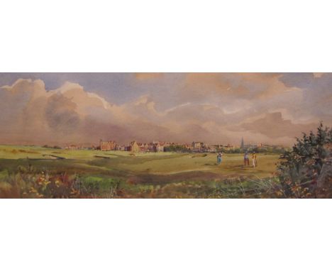 MICHAEL CRAWLEY. Figures playing Golf on the course at St. Andrews, signed, watercolour, 8 1/2 x 20 1/2 in; two watercolours 