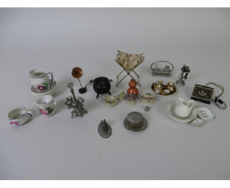 Dolls House Items including folding metal work basket, radio with headphones, stick telephone, two jug and basin sets, gilt c