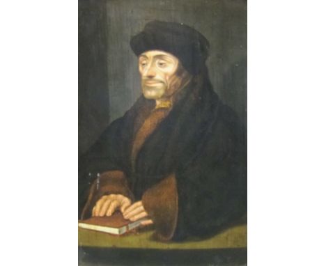 AFTER HANS HOLBEIN. Portrait of Desiderius Erasmus, oil on panel, 10 1/2 x 8 1/4 in
