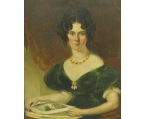FOLLOWER OF MARGARET CARPENTER. Portrait of a lady, half-length, seated, holding a sketching album, oil on canvas, indistinct