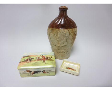 A Doulton type stoneware Flask depicting Napoleon and Dante, 8 1/2in and a Royal Doulton Cigarette Box and Ashtray with hunti