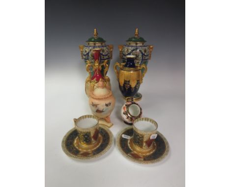 A Locke & Co, Worcester Vase and Cover painted birds in flight, 6in H, a pair of Royal Worcester Vases and Covers decorated s