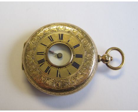 A Lady’s Continental Half-Hunter Fob Watch the white enamel dial with roman numerals, the engraved case with vacant cartouche