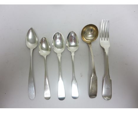 A Group of six Scottish Provincial silver Items including Ladle, Fork and four Spoons with marks for Dumfries, Banff, etc, tw