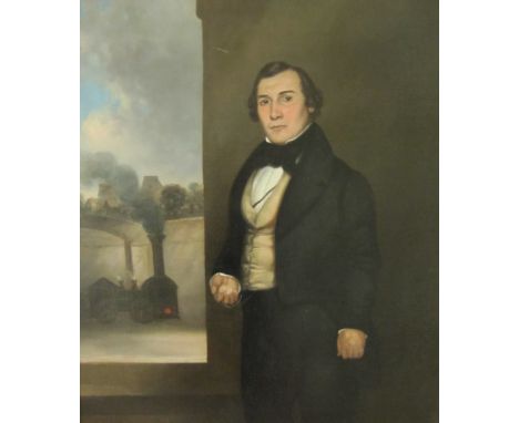ENGLISH SCHOOL CIRCA 1860. Portrait of an Industrialist, standing three-quarter-length,  a steam powered engine beyond, oil o