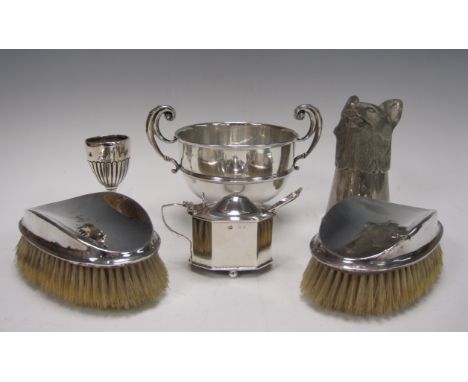 A George V silver two handled Bowl and Pedestal, Birmingham 1927, an octagonal silver Mustard Pot with hinged lid and blue gl