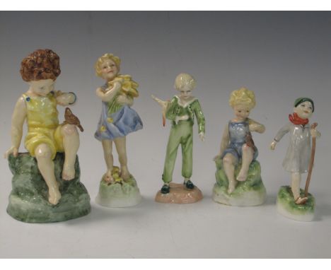 Five Royal Worcester Figures, Friday’s Child, Teatime, Little Parakeet, Child Walking and Girl holding flowers