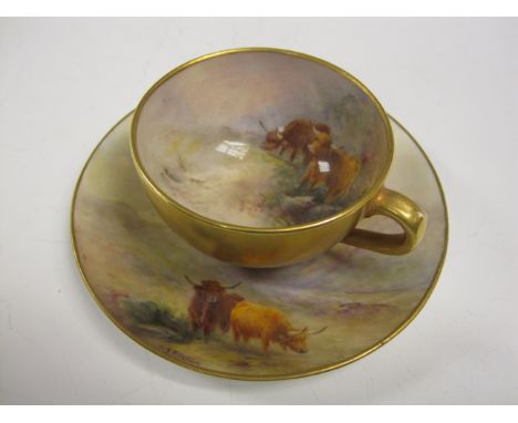 A Royal Worcester Cup and Saucer painted scene of highland cattle in landscape, signed H. Stinton, dated 1918