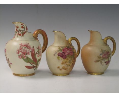 Pair of Worcester flat back Jugs painted floral design on blush ground, no. 1094, 4 1/2in H, and another larger with floral d
