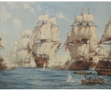MONTAGUE DAWSON. The Battle of Trafalgar, reproduction in colours, pencil signed, published by Ventura Prints, 29 x 36 in; an