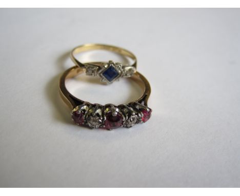 A three stone Ring set step-cut blue stone between two rose-cut diamonds, stamped 18ct & PLAT, ring size K, and a five stone 