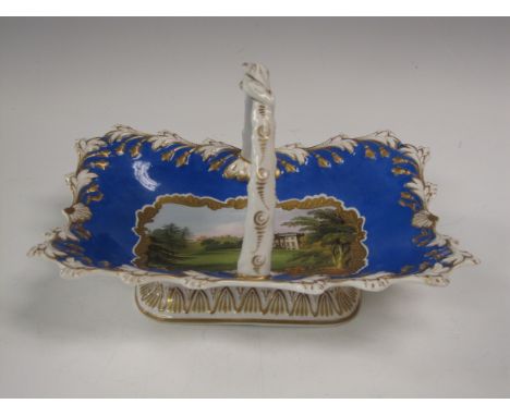 A Chamberlain Worcester shaped oblong Basket with moulded border, painted central scene of Claremont on a blue ground, 8 1/2i