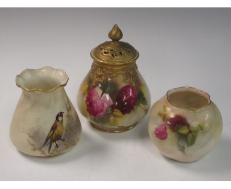 A Royal Worcester lobed baluster Pot Pourri with pierced lid having flame finial, painted pink roses, signed Spilsbury, a sma