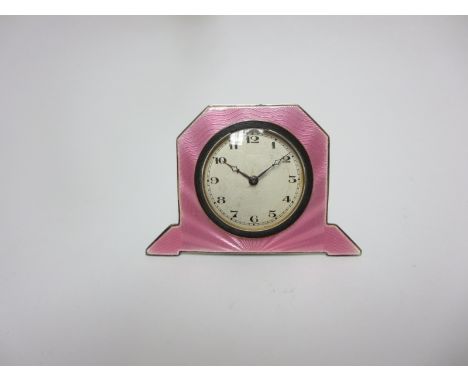 A George V Art Deco silver and pink basse taille enamel Dressing Table Clock, Birmingham 1931