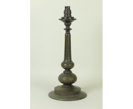 A Kashmiri Table Lamp of tapering form with floral decoration, 17 1/2in H