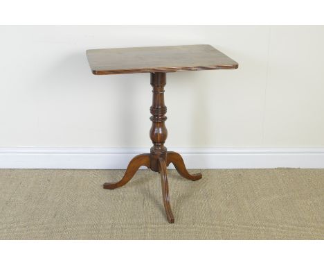 A 19th Century yew wood Pillar Table with rectangular top on baluster column and tripod base, 24 x 17in