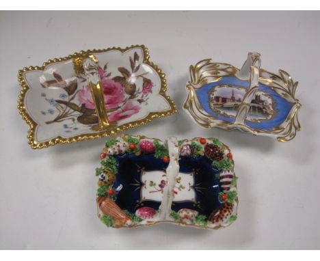 A Flight Barr & Barr oblong Basket Dish painted pink roses, another painted scene of Worcester and another with shell encrust