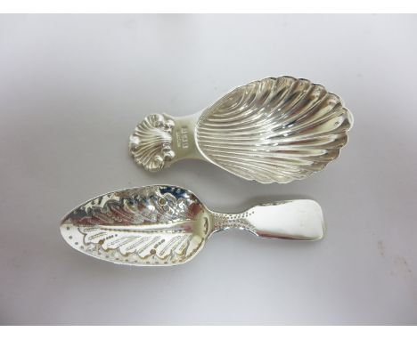 A George IV silver Caddy Spoon fiddle pattern with leaf bowl, London 1824, and another with shell bowl and stem, Birmingham 1