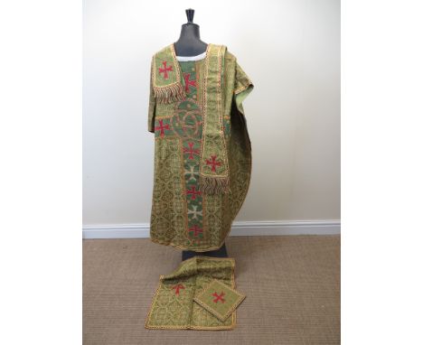 A light green brocade Chasuble, the orphrey worked in silk tent stitch. Three linked circles at back. With matching stole, ma