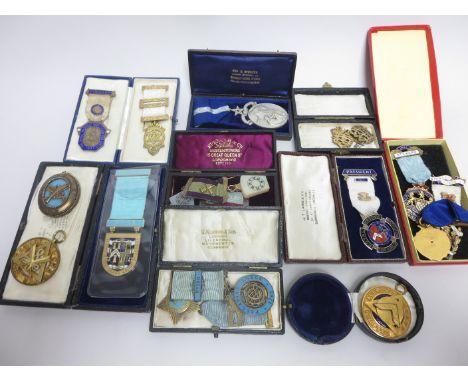 A Collection of 27 silver, silver-gilt, base metal and enamel Masonic Medals, mostly cased, and a Box of modern Masonic Jewel